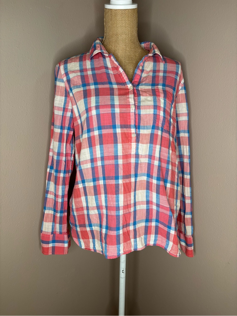 J. Crew Factory Red, Blue & White Plaid 1/4 Button-Down Shirt 100% Cotton Medium